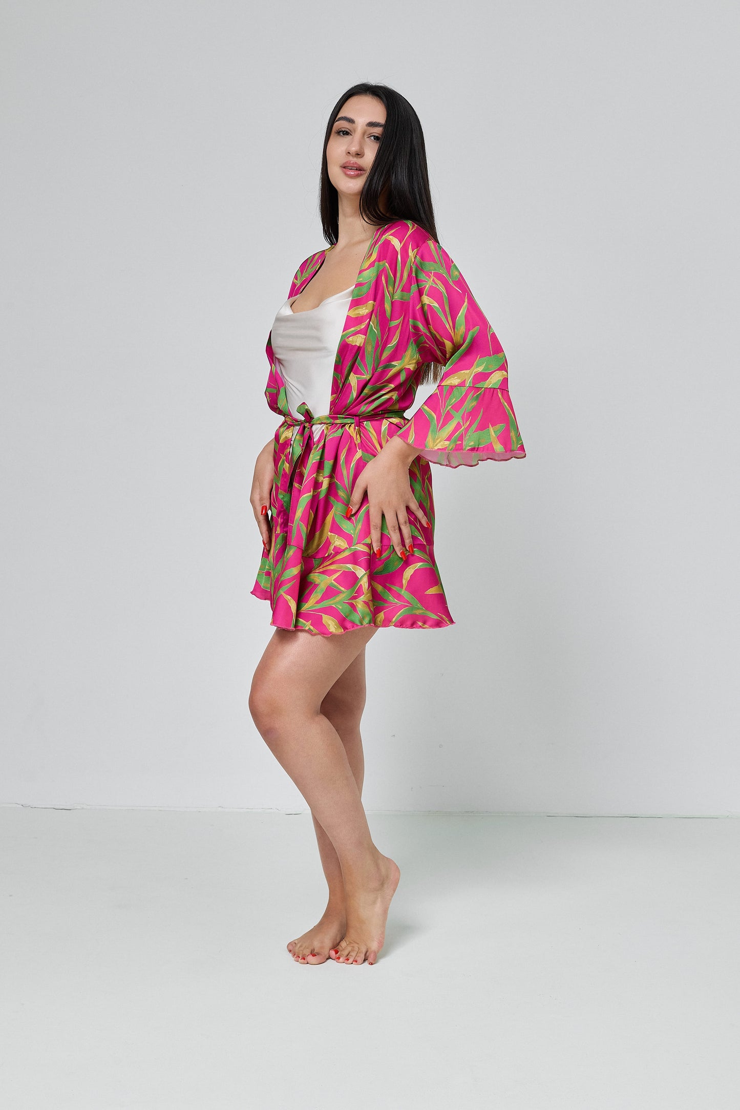 Robe Pink and tropical green print Women’s, Silk (Armani)
