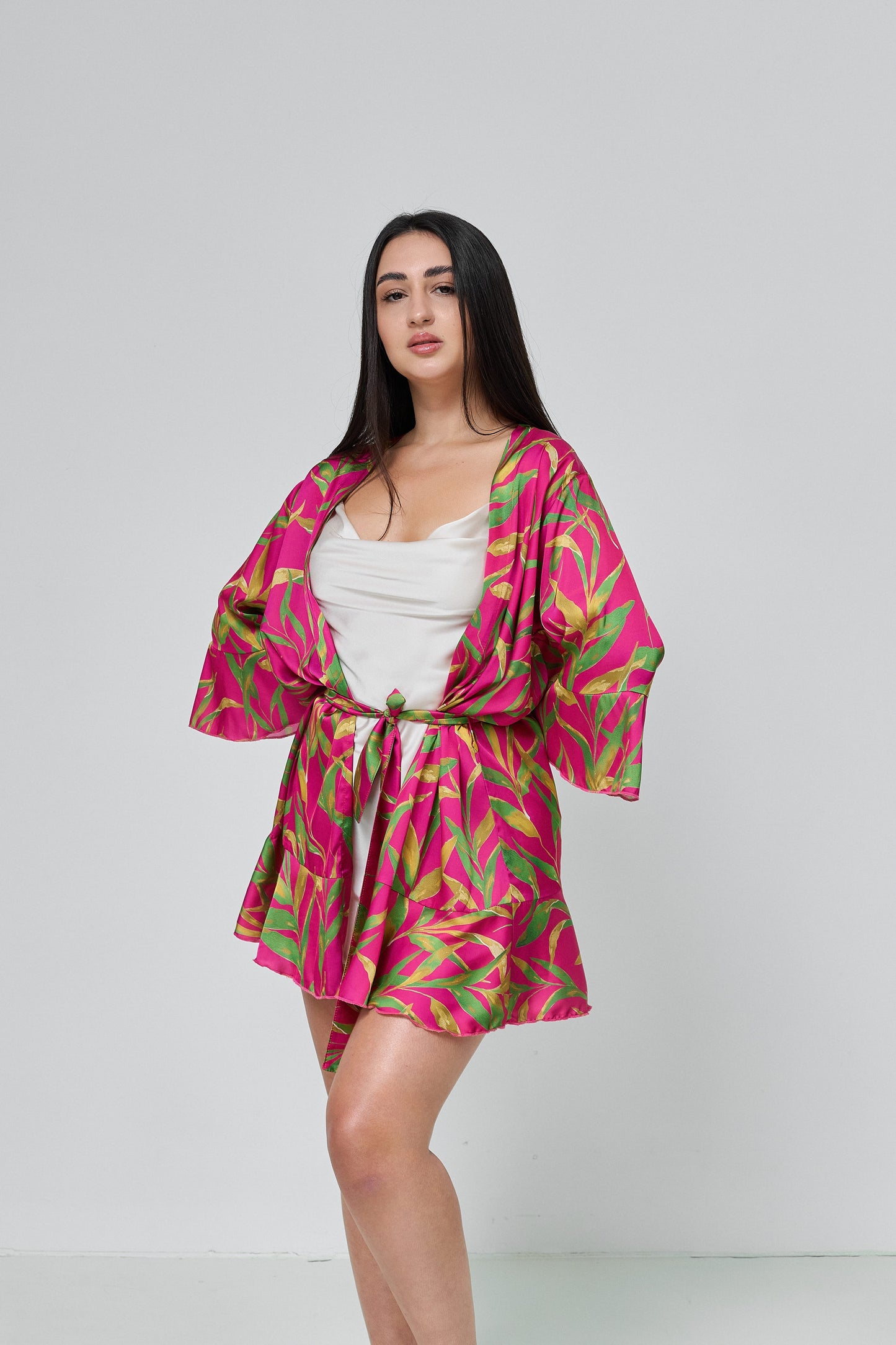 Robe Pink and tropical green print Women’s, Silk (Armani)