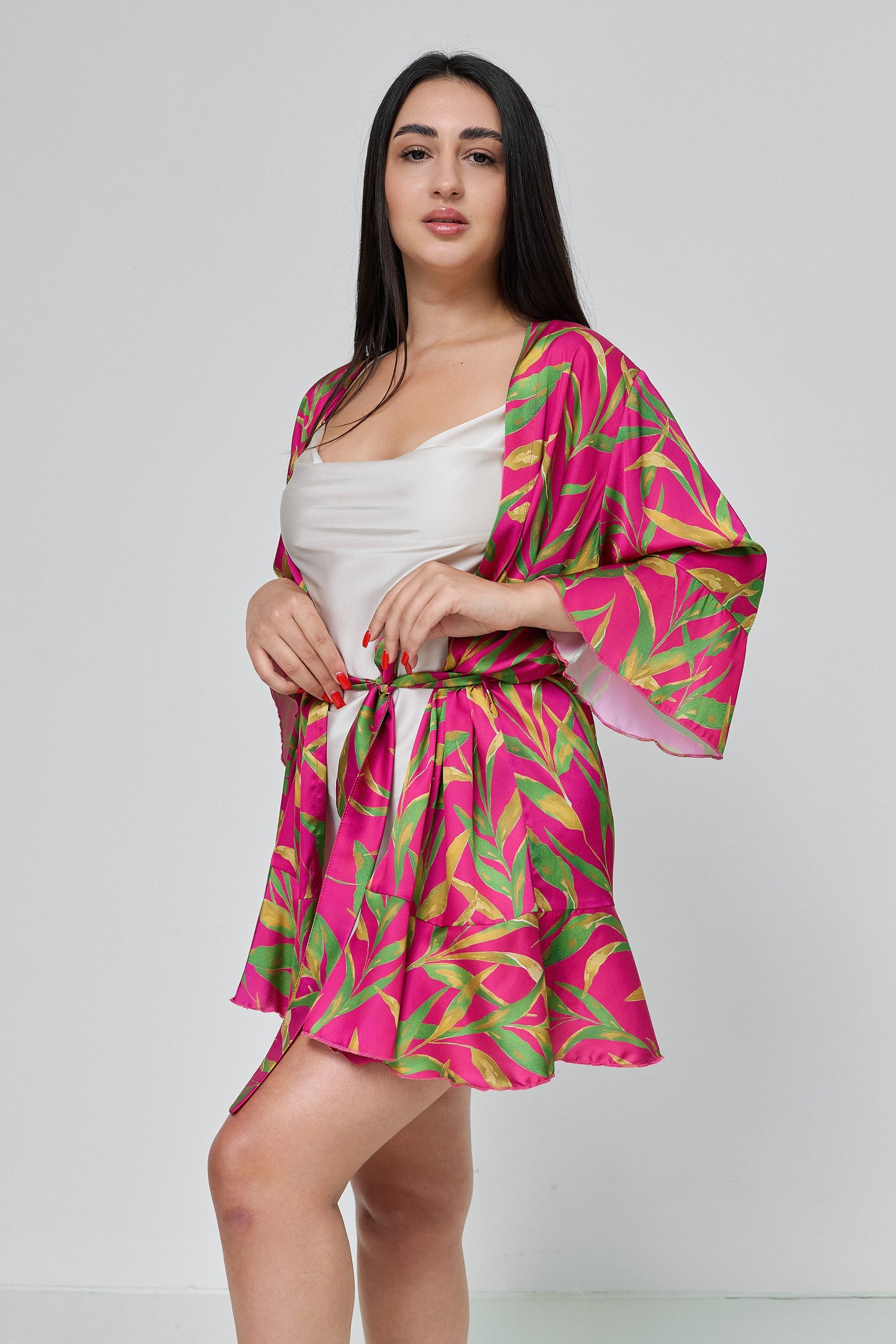 Robe Pink and tropical green print Women’s, Silk (Armani)