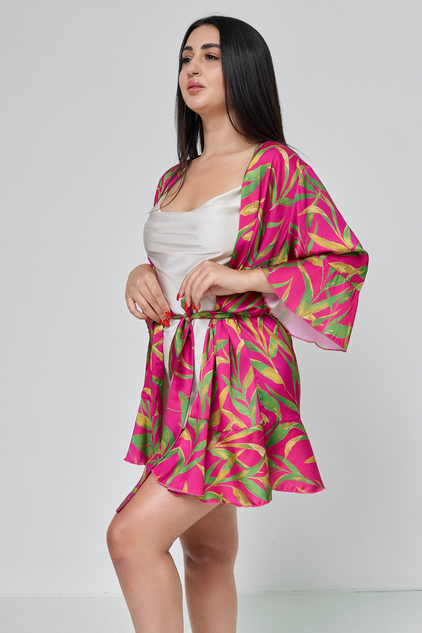 Robe Pink and tropical green print Women’s, Silk (Armani)