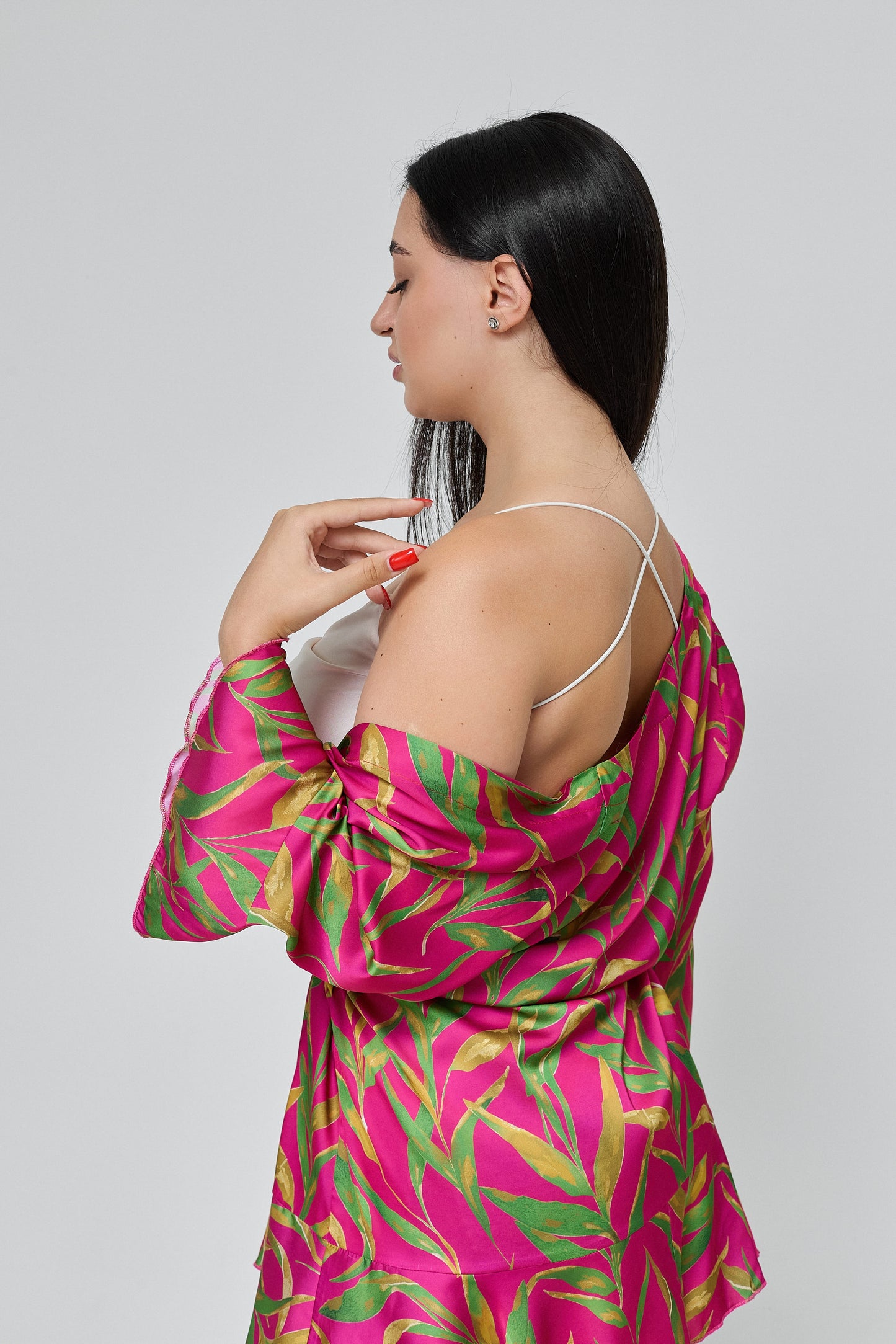 Robe Pink and tropical green print Women’s, Silk (Armani)