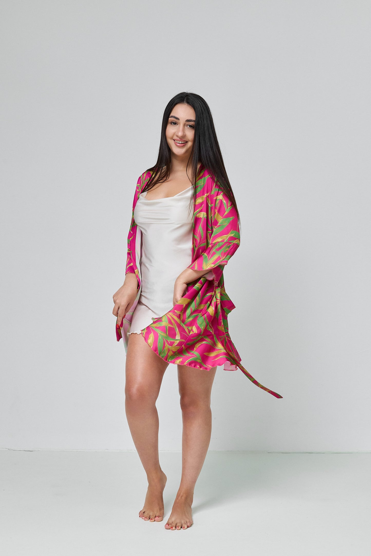 Robe Pink and tropical green print Women’s, Silk (Armani)