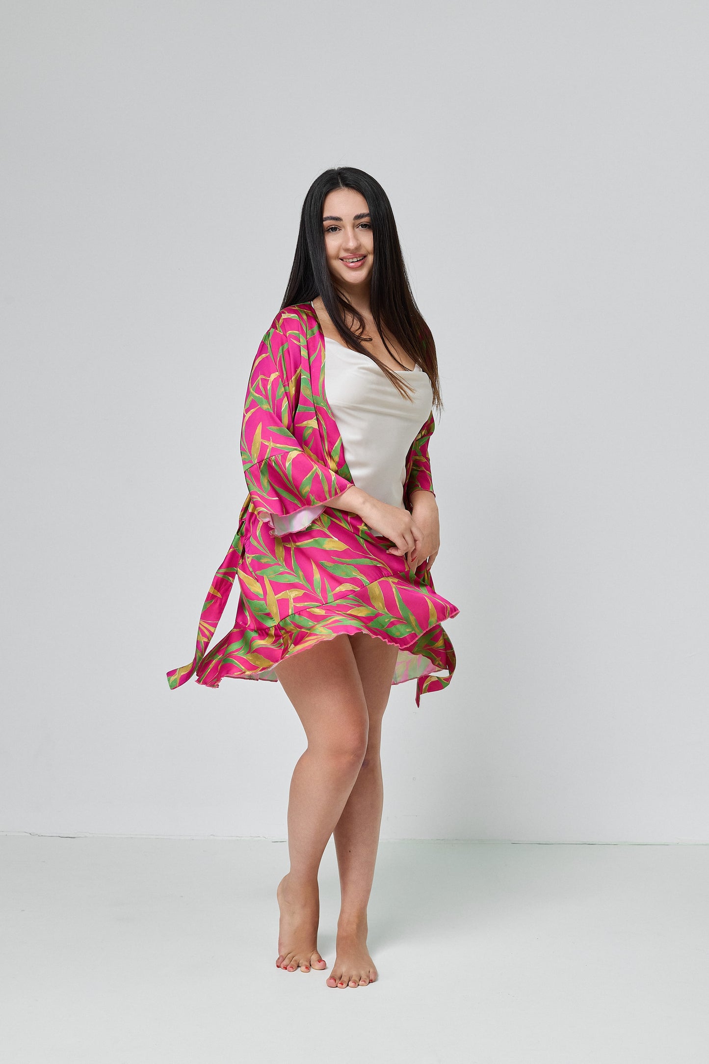 Robe Pink and tropical green print Women’s, Silk (Armani)