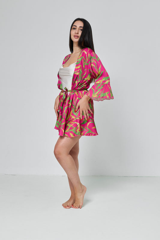 Robe Pink and tropical green print Women’s, Silk (Armani)