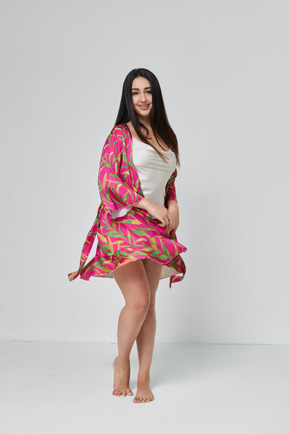 Robe Pink and tropical green print Women’s, Silk (Armani)